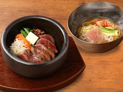 牛ステーキ石焼ビビンパとミニ冷麵のセット